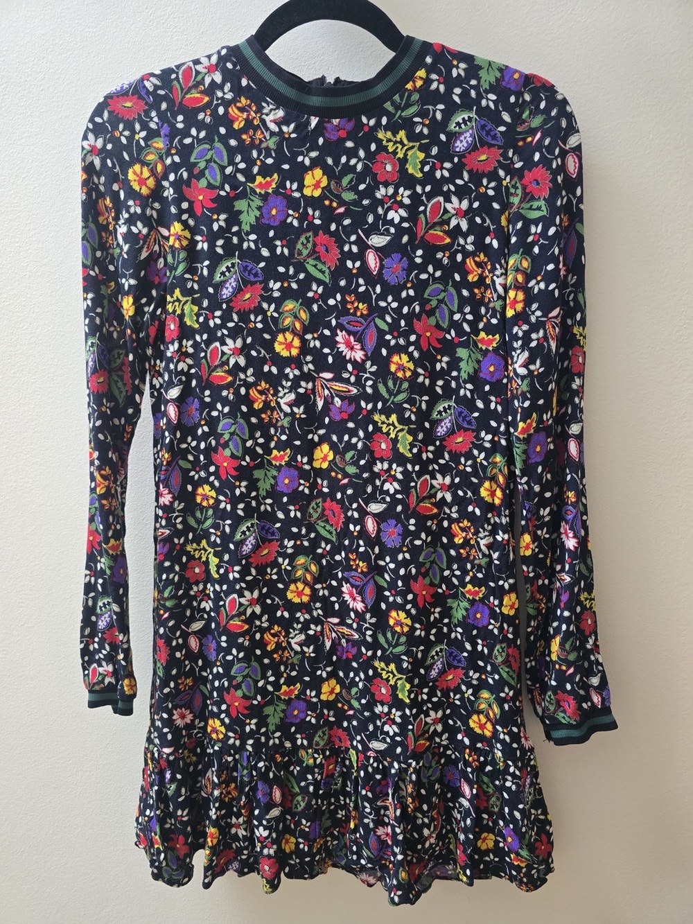 Zara Black Floral Long-Sleeve Ruffle-Hem Dress